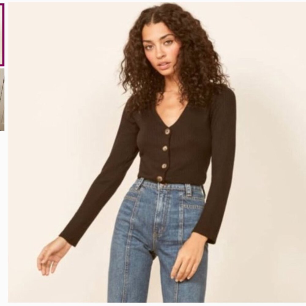 REFORMATION Jeans Iris Black Ribbed Button Down Cardigan Top Long Sleeve V-Neck